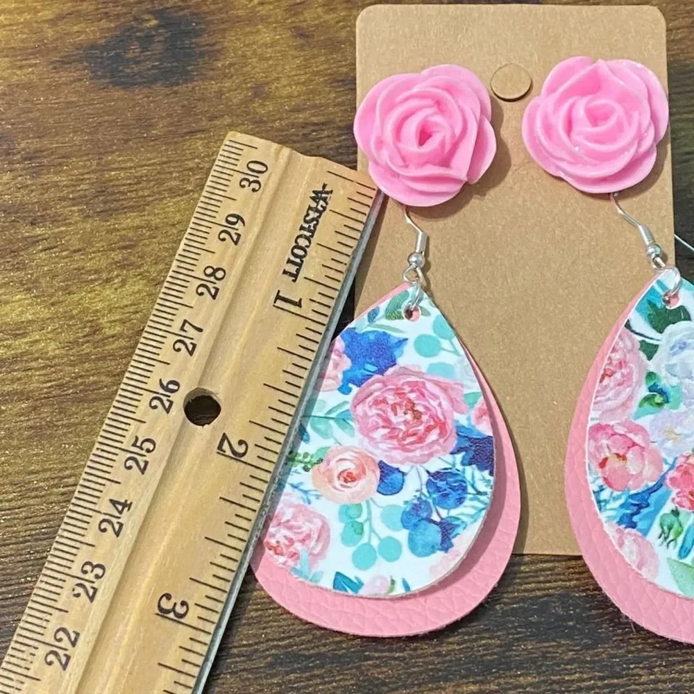 Women's Floral Earring Set Pink Rose Studs Rose Dangles Teardrop Dangles Fashion